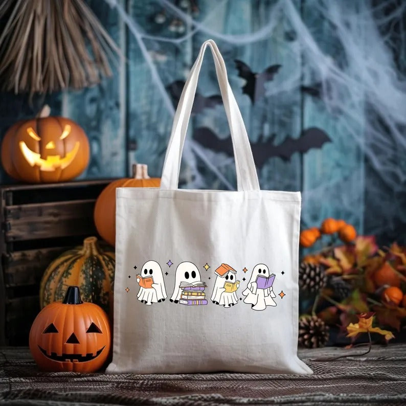 Halloween Floral Ghosts Tote Bags, Cute Halloween Ghosts Printed Bags, Spooky Season Bags, Cotton Shopping Tote Bags, Halloween Gift for Her