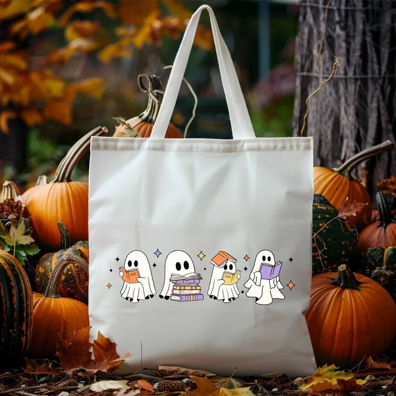 Halloween Floral Ghosts Tote Bags, Cute Halloween Ghosts Printed Bags, Spooky Season Bags, Cotton Shopping Tote Bags, Halloween Gift for Her