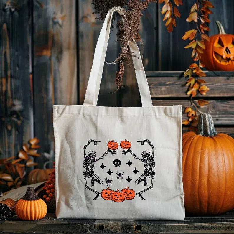 Halloween Dancing Skeletons Tote Bag, Funny Halloween Skeletons Printed Bags, Cotton Shopping Bags, Pumpkin Tote Bag, Halloween Gift for Her