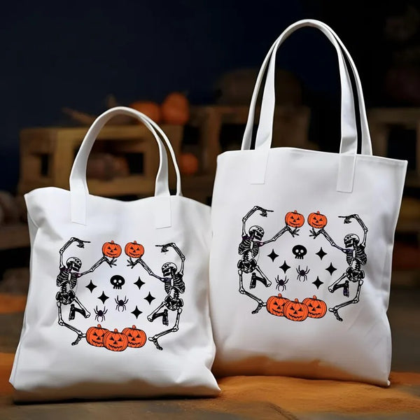 Halloween Dancing Skeletons Tote Bag, Funny Halloween Skeletons Printed Bags, Cotton Shopping Bags, Pumpkin Tote Bag, Halloween Gift for Her