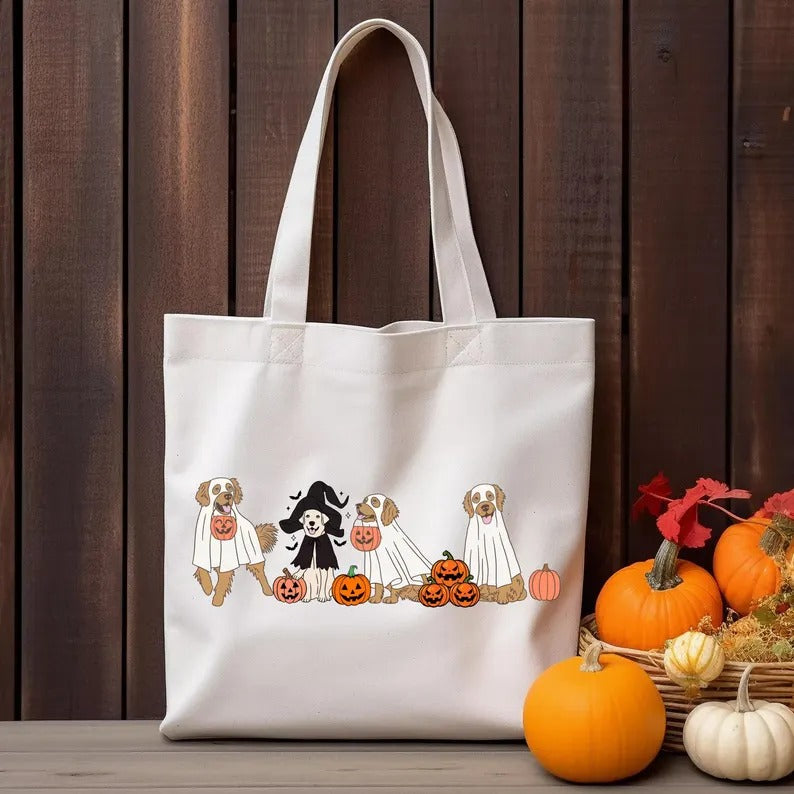 Halloween Ghost Dogs Tote Bag, Golden Retriever Dogs Printed Bag, Cotton Shopping Bags, Stay Spooky Tote Bag, Totes for Her, Halloween Gifts