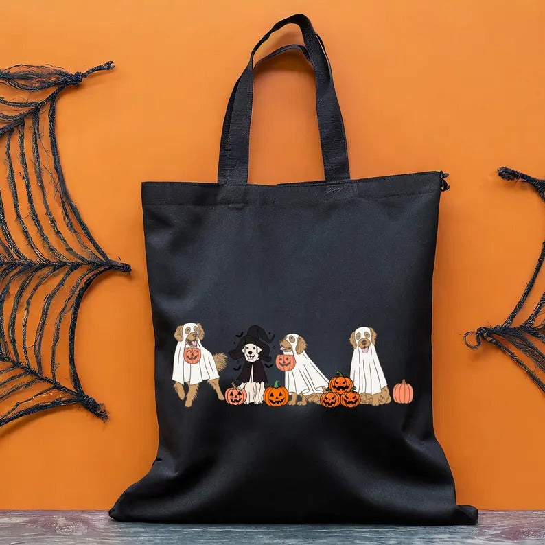 Halloween Ghost Dogs Tote Bag, Golden Retriever Dogs Printed Bag, Cotton Shopping Bags, Stay Spooky Tote Bag, Totes for Her, Halloween Gifts