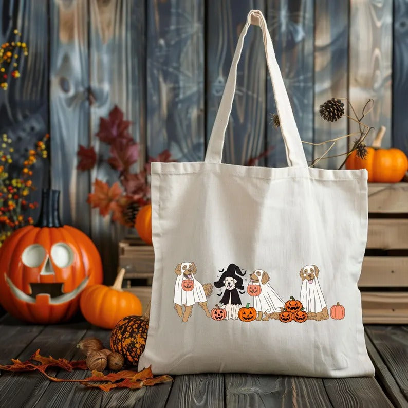 Halloween Ghost Dogs Tote Bag, Golden Retriever Dogs Printed Bag, Cotton Shopping Bags, Stay Spooky Tote Bag, Totes for Her, Halloween Gifts