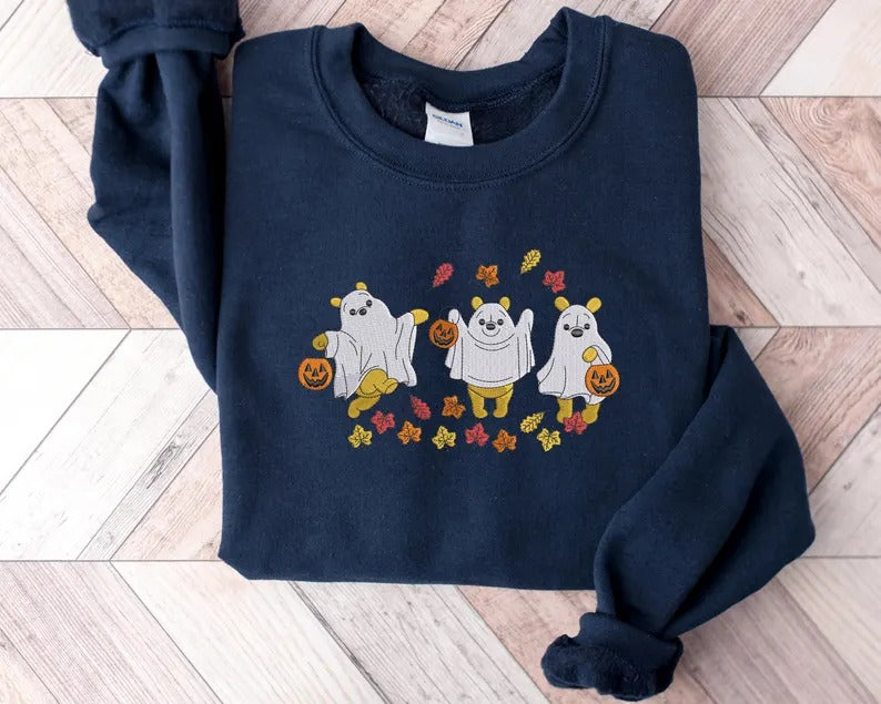 Retro Pooh Ghost Halloween Sweatshirt, Funny Pooh Ghost Embroidered Sweater, Vintage Fall Halloween Jumper, Spooky Season, Halloween Outfits