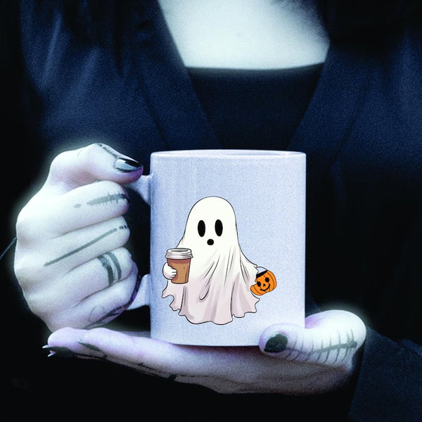 Halloween Little Ghost with Coffee Mug, Halloween Pumpkin Printed Mug, Cute Boo Ghost Ceramic Coffee Mug, Spooky Season, Fall Halloween Mug