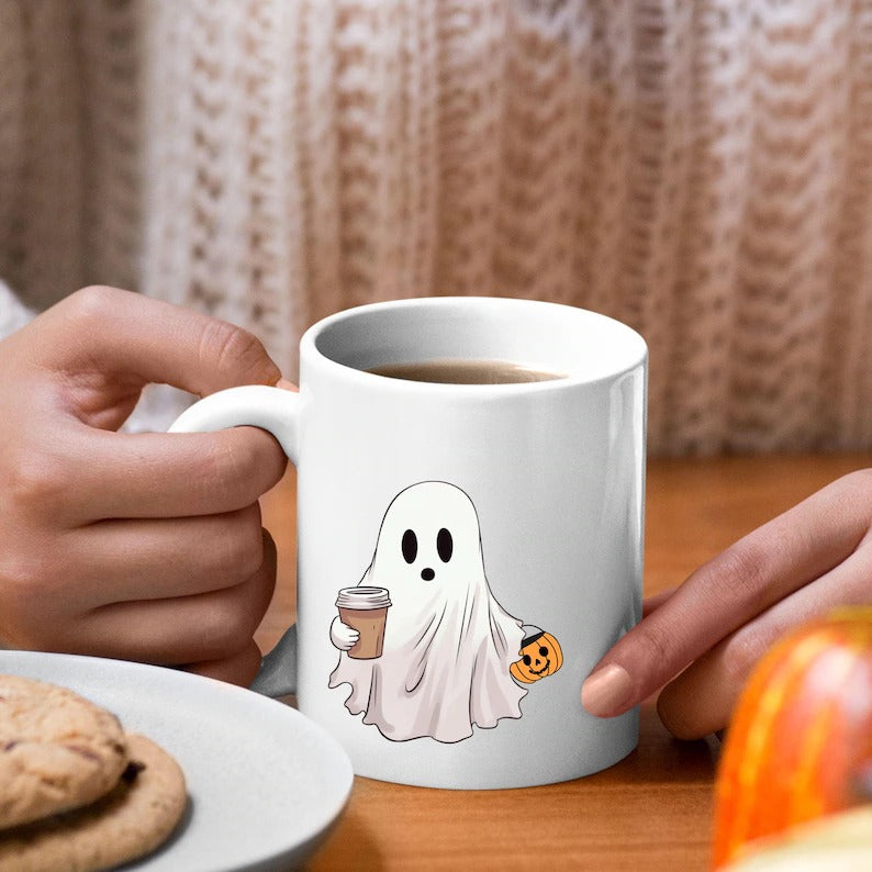 Halloween Little Ghost with Coffee Mug, Halloween Pumpkin Printed Mug, Cute Boo Ghost Ceramic Coffee Mug, Spooky Season, Fall Halloween Mug