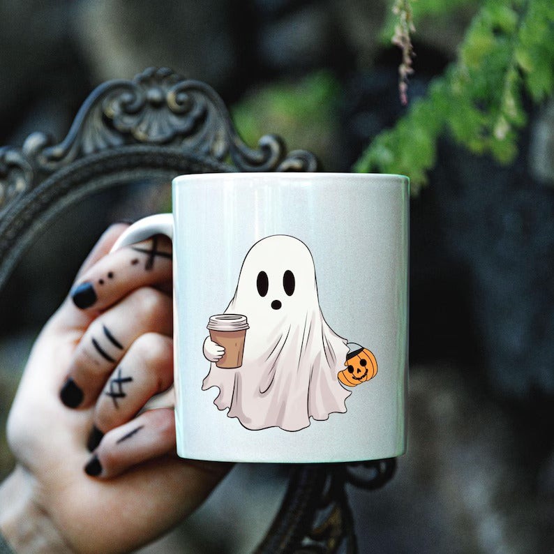 Halloween Little Ghost with Coffee Mug, Halloween Pumpkin Printed Mug, Cute Boo Ghost Ceramic Coffee Mug, Spooky Season, Fall Halloween Mug