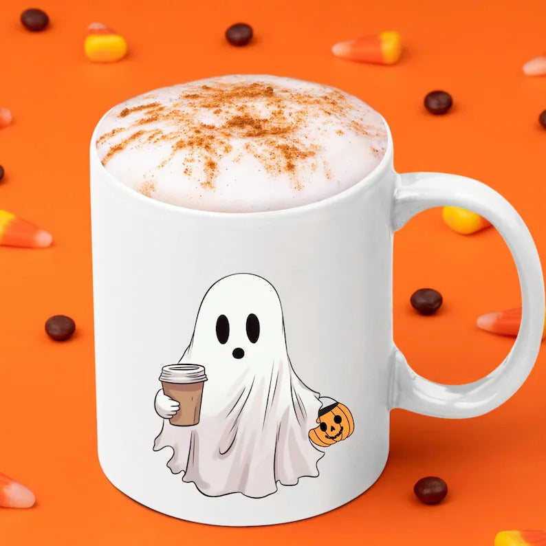 Halloween Little Ghost with Coffee Mug, Halloween Pumpkin Printed Mug, Cute Boo Ghost Ceramic Coffee Mug, Spooky Season, Fall Halloween Mug