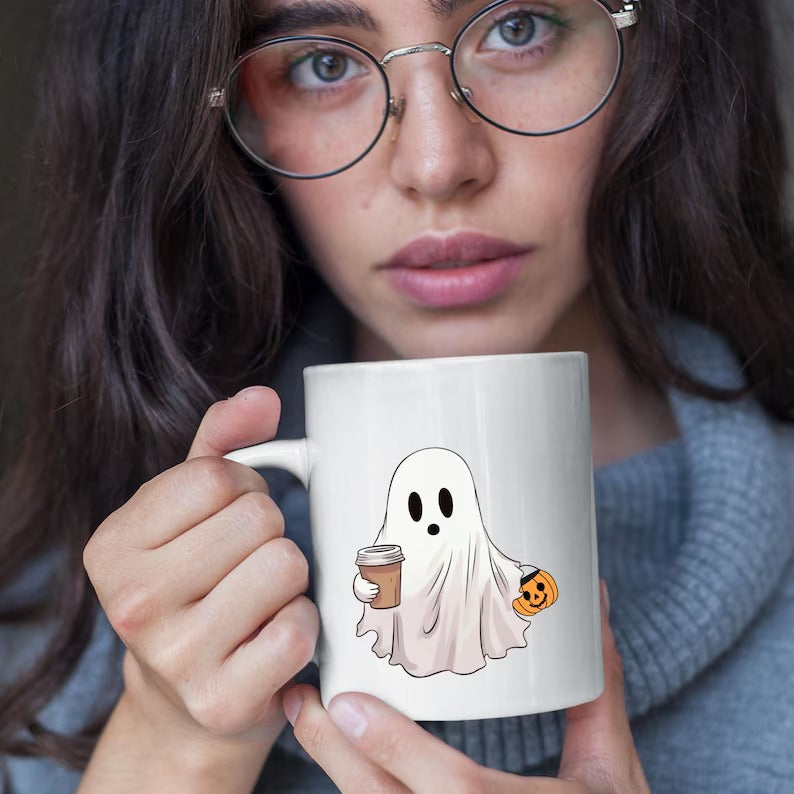 Halloween Little Ghost with Coffee Mug, Halloween Pumpkin Printed Mug, Cute Boo Ghost Ceramic Coffee Mug, Spooky Season, Fall Halloween Mug