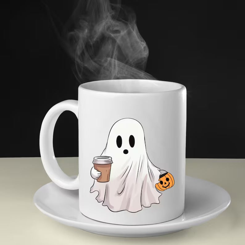 Halloween Little Ghost with Coffee Mug, Halloween Pumpkin Printed Mug, Cute Boo Ghost Ceramic Coffee Mug, Spooky Season, Fall Halloween Mug