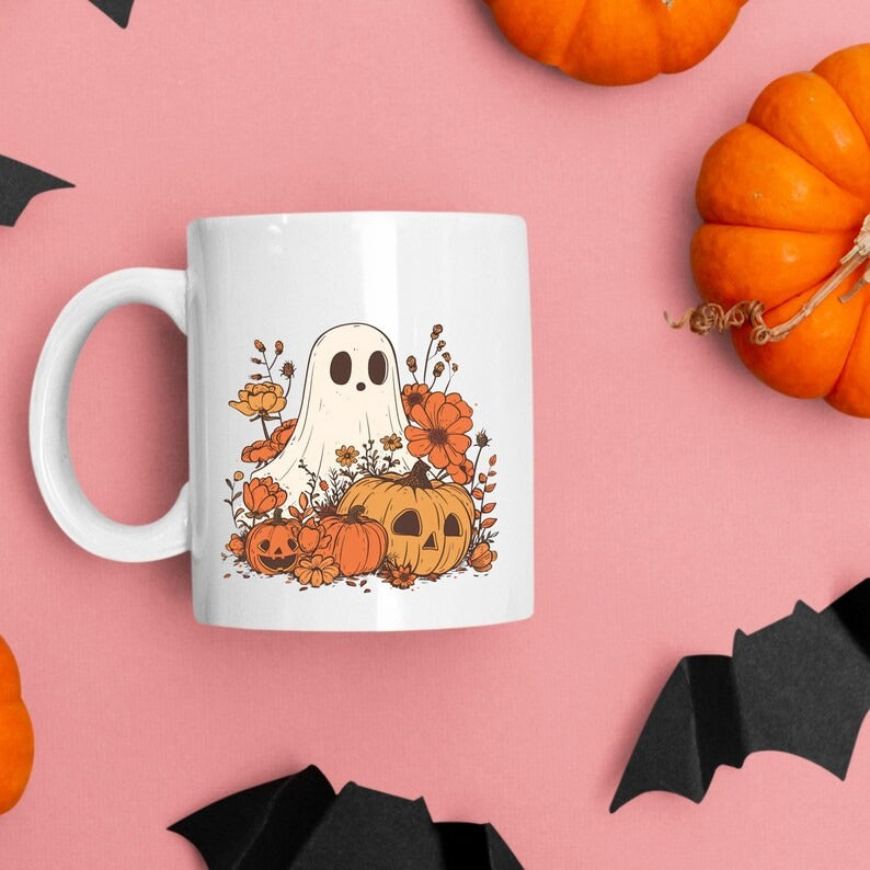 Cute Ghost Halloween Mug, Spooky Fall Pumpkin Coffee Mug, Vintage Boo Ghost Ceramic Printed Mug, Fall Autumn Cup, Funny Halloween Party Gift