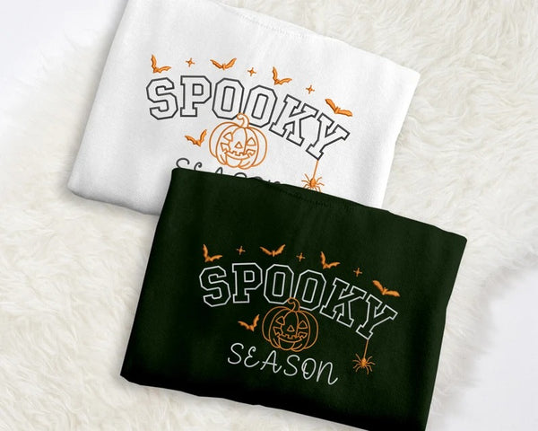 Spooky Season Embroidered Sweatshirt, Varsity Lettered Halloween Jumpers, Autumn Clothing, Fall Sweater, Halloween Sweater, Halloween Gifts