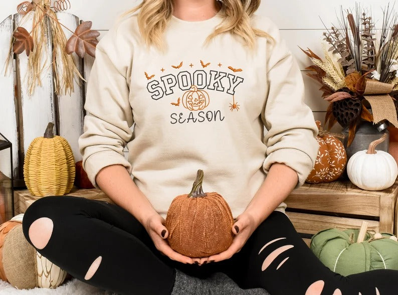 Spooky Season Embroidered Sweatshirt, Varsity Lettered Halloween Jumpers, Autumn Clothing, Fall Sweater, Halloween Sweater, Halloween Gifts