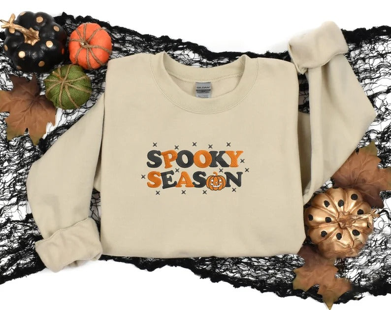 Retro Spooky Season Sweatshirt, Embroidered Autumn Fall Halloween Jumpers, Autumn Clothing, Fall Sweater, Halloween Sweater, Halloween Gifts