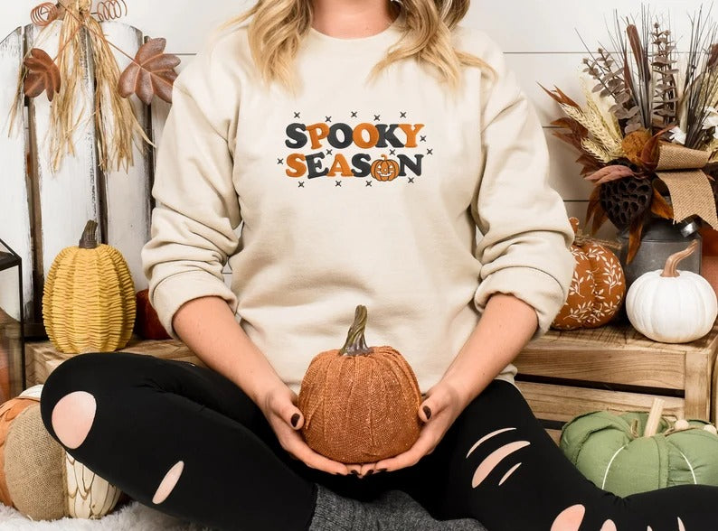 Retro Spooky Season Sweatshirt, Embroidered Autumn Fall Halloween Jumpers, Autumn Clothing, Fall Sweater, Halloween Sweater, Halloween Gifts