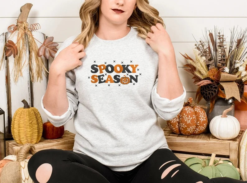 Retro Spooky Season Sweatshirt, Embroidered Autumn Fall Halloween Jumpers, Autumn Clothing, Fall Sweater, Halloween Sweater, Halloween Gifts