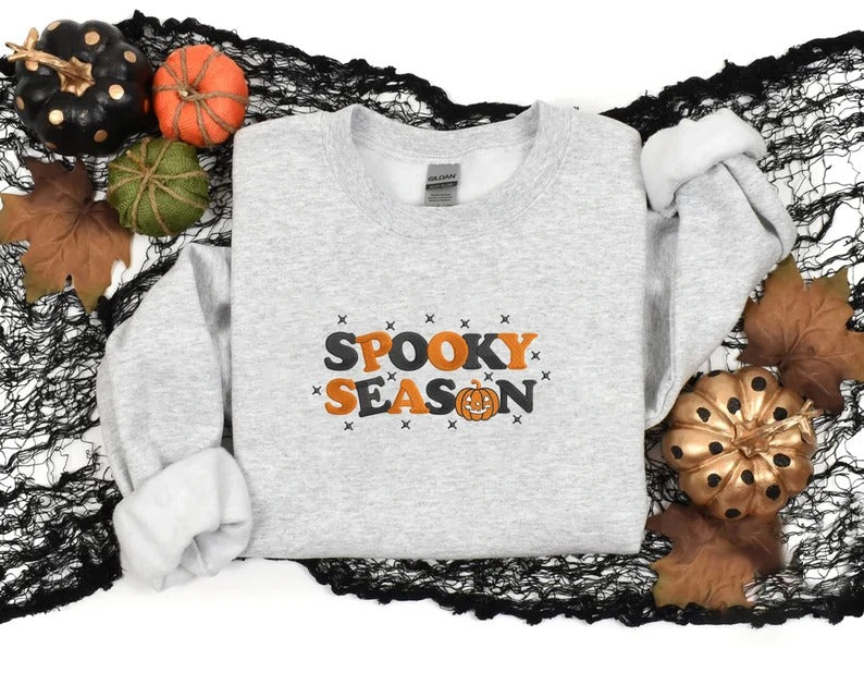 Retro Spooky Season Sweatshirt, Embroidered Autumn Fall Halloween Jumpers, Autumn Clothing, Fall Sweater, Halloween Sweater, Halloween Gifts