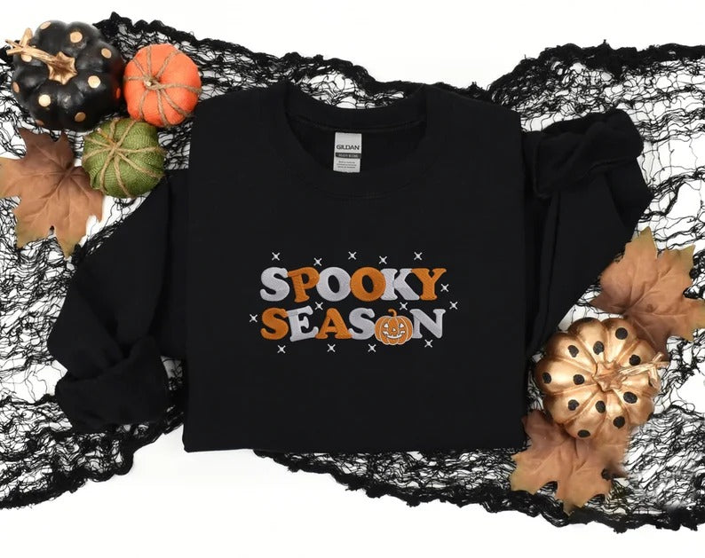 Retro Spooky Season Sweatshirt, Embroidered Autumn Fall Halloween Jumpers, Autumn Clothing, Fall Sweater, Halloween Sweater, Halloween Gifts