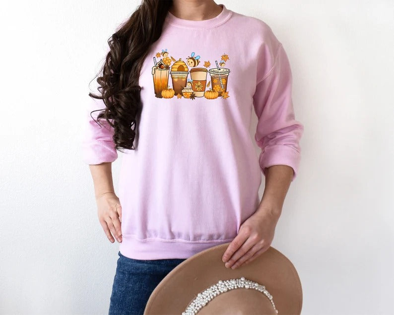 Autumn Jumper, Vintage Fall Sweater, Pumpkin Coffee Cups Autumn Crewneck Sweatshirt, Halloween Season Clothing, Unique Outfit