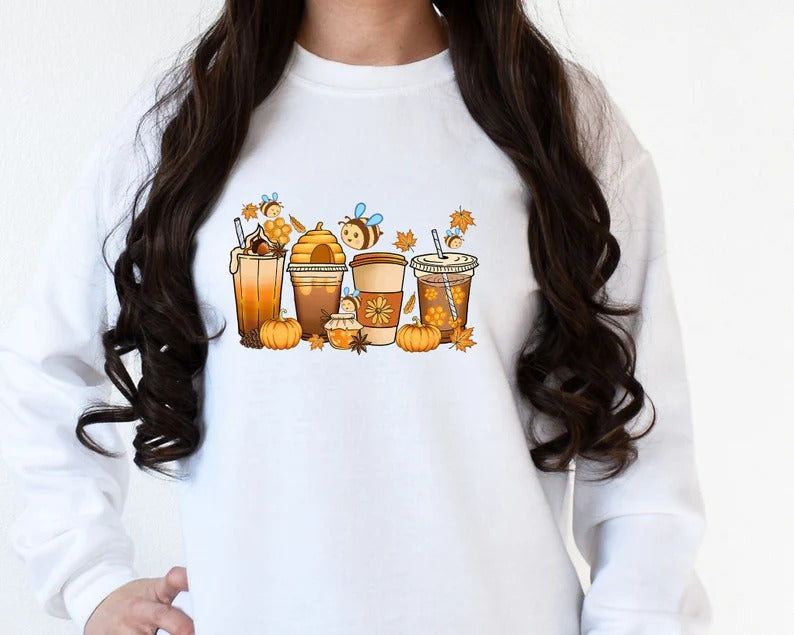 Autumn Jumper, Vintage Fall Sweater, Pumpkin Coffee Cups Autumn Crewneck Sweatshirt, Halloween Season Clothing, Unique Outfit