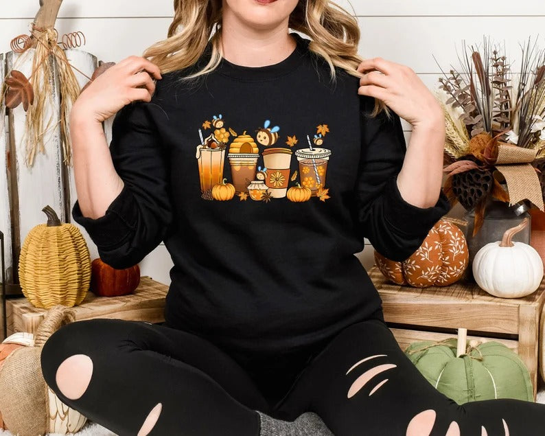 Autumn Jumper, Vintage Fall Sweater, Pumpkin Coffee Cups Autumn Crewneck Sweatshirt, Halloween Season Clothing, Unique Outfit