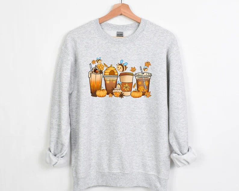 Autumn Jumper, Vintage Fall Sweater, Pumpkin Coffee Cups Autumn Crewneck Sweatshirt, Halloween Season Clothing, Unique Outfit