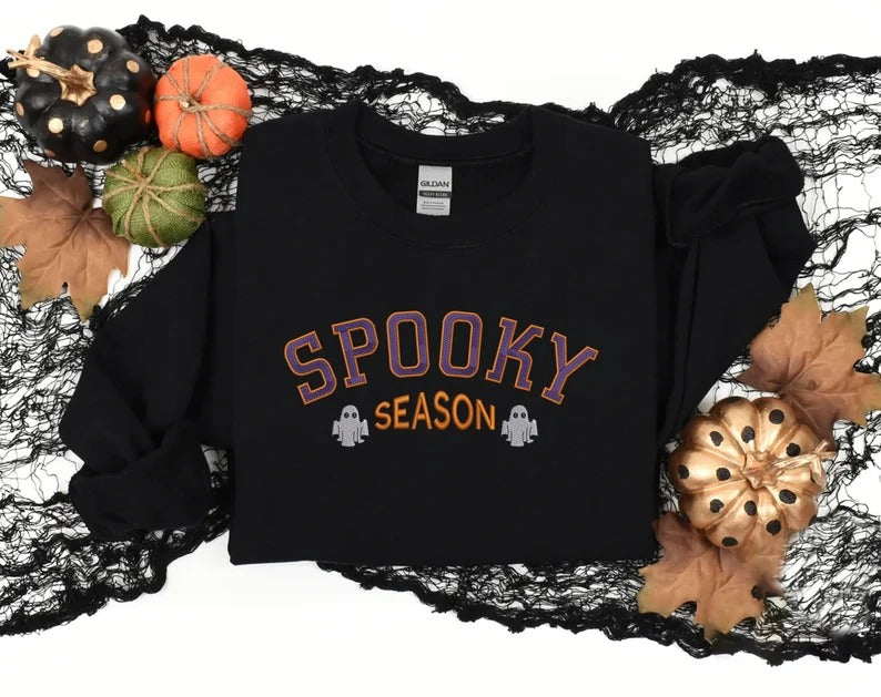 Spooky Season Sweatshirt, Embroidered Halloween Gothic Jumper, Halloween Season Crewneck Sweater, Autumn Fall Clothing, Halloween Party Gift