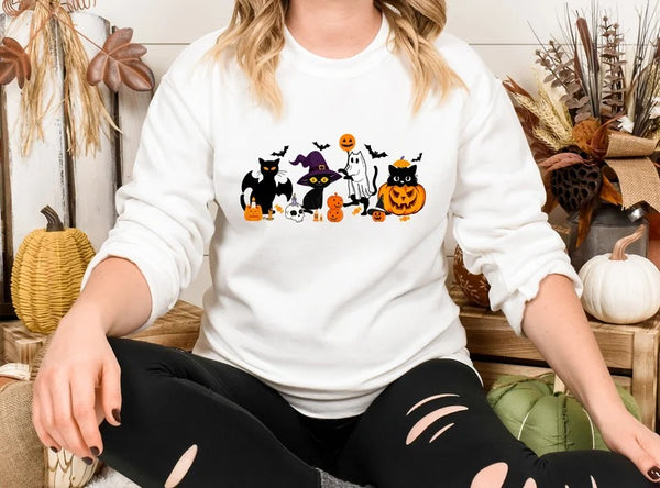 Halloween Black Cats Sweatshirt, Vintage Cats on Pumpkin Printed Sweater, Spooky Season Winking Pumpkin Jumper, Cat Lovers Halloween Outfits