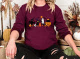 Halloween Black Cats Sweatshirt, Vintage Cats on Pumpkin Printed Sweater, Spooky Season Winking Pumpkin Jumper, Cat Lovers Halloween Outfits