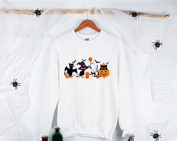 Halloween Black Cats Sweatshirt, Vintage Cats on Pumpkin Printed Sweater, Spooky Season Winking Pumpkin Jumper, Cat Lovers Halloween Outfits