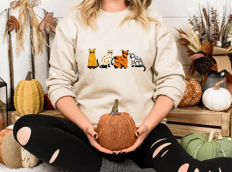 Halloween Ghost Cats Sweatshirt, Cute Black Cats Printed Sweater, Witchy Halloween Jumper, Spooky Season Crewneck, Cat Lover Halloween Gifts