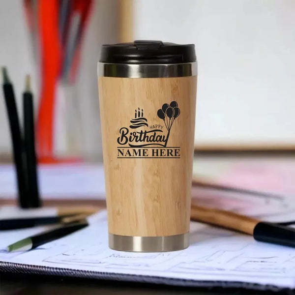 Personalised Bamboo Coffee Mug, Custom Engraved Monogrammed Tumbler, 17oz Bamboo Insulated Tumbler, Eco Friendly Drinks Flask, Gift for Her