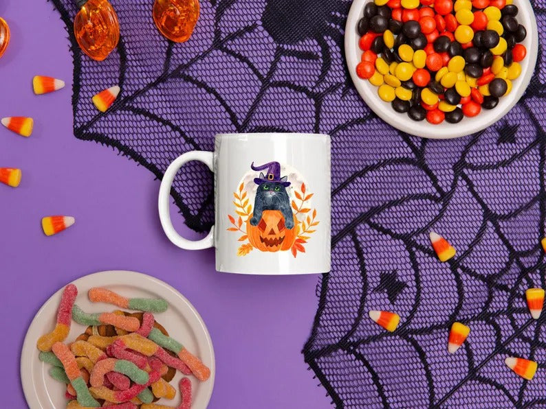 Vintage Halloween Black Witchy Cat Mug, Spooky Halloween Cat Printed Ceramic Mugs, Cat Halloween Ice Coffee Cup, Tea Cups, Halloween Present