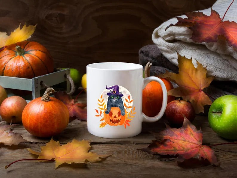 Vintage Halloween Black Witchy Cat Mug, Spooky Halloween Cat Printed Ceramic Mugs, Cat Halloween Ice Coffee Cup, Tea Cups, Halloween Present