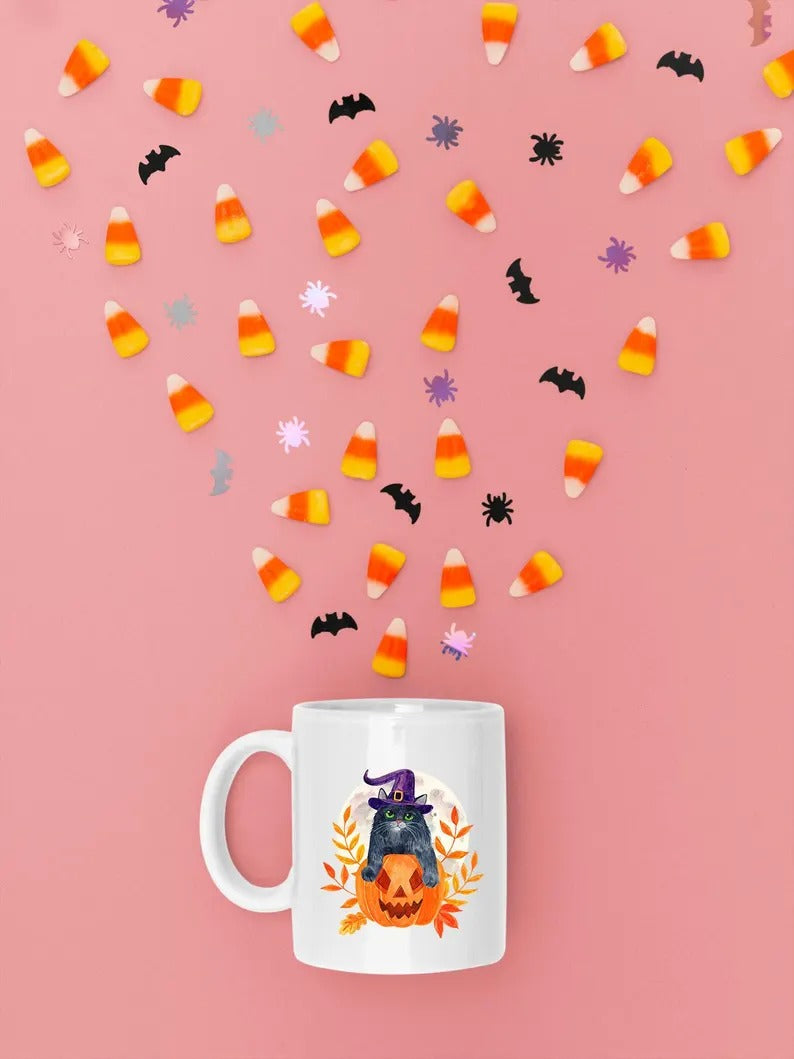 Vintage Halloween Black Witchy Cat Mug, Spooky Halloween Cat Printed Ceramic Mugs, Cat Halloween Ice Coffee Cup, Tea Cups, Halloween Present