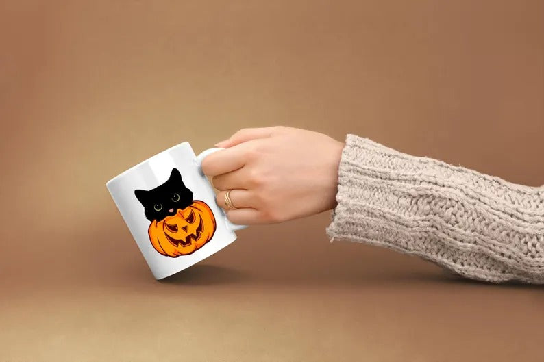 Cute Halloween Cat Printed Mugs, Cat Sneaking Halloween Pumpkin Coffee Mugs, Halloween Party Mug, Ice Coffee Mugs, Cat Lovers Halloween Gift