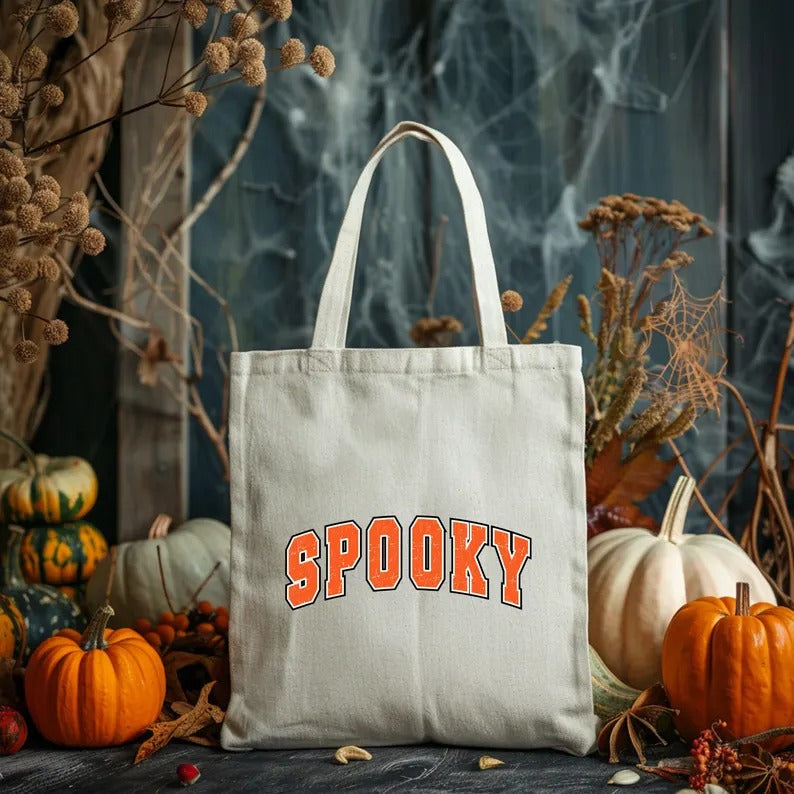 Spooky Season Printed Tote Bags, Retro Halloween Spooky Season Bags, Cotton Shopping Bags, Stay Spooky Tote Bag, Halloween Gift from Husband