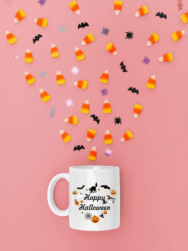 Happy Halloween Mugs, Halloween Doodles Heart Printed Mugs, 11oz White Ceramic Tea Cups, Family Matching Mugs, Fall Halloween Night Gifts