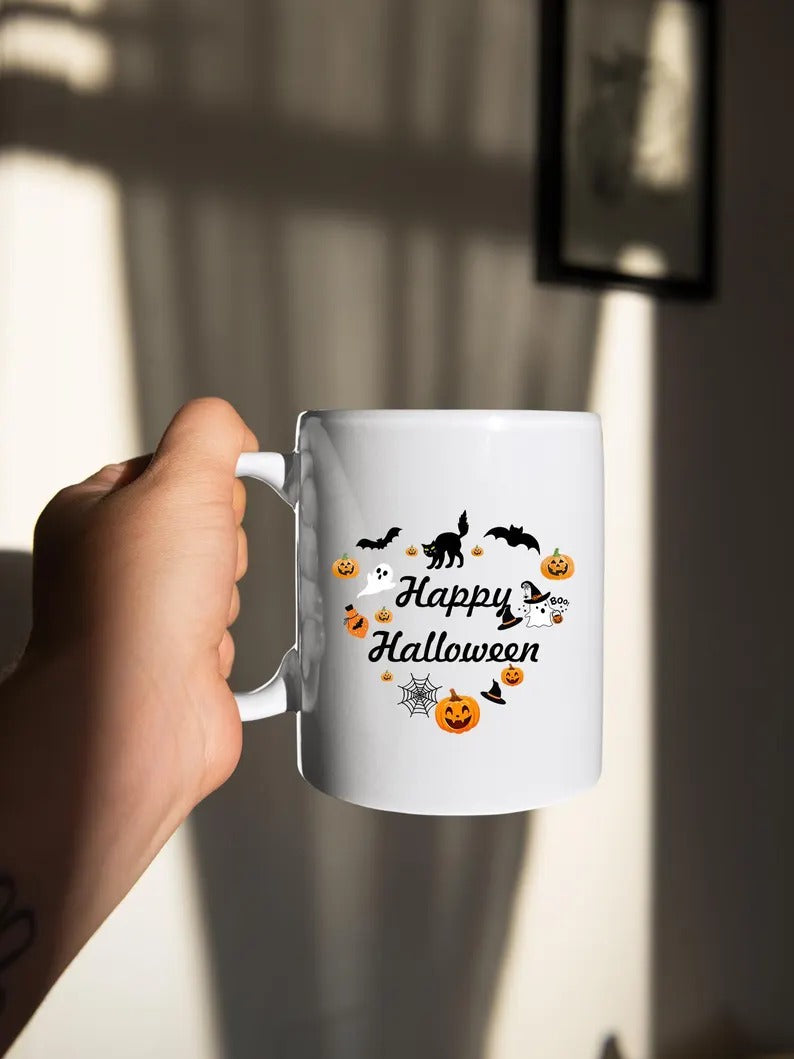 Happy Halloween Mugs, Halloween Doodles Heart Printed Mugs, 11oz White Ceramic Tea Cups, Family Matching Mugs, Fall Halloween Night Gifts