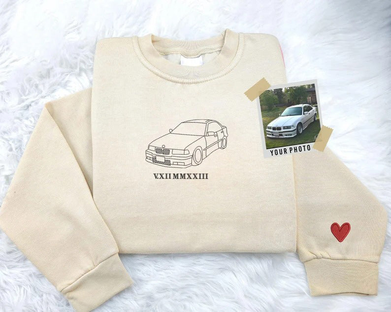 Personalised Embroidered Car Hoodie, Valentines Day Gift for Boyfriend, Custom Photo Line Art Sketch Jumper, Birthday Gifts for Car Lovers