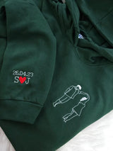 Embroidered Photo Portrait Hoodie, Personalised Outline Couple Matching Hoody, Custom Initials With Heart on Sleeve, Valentines Gift for Him