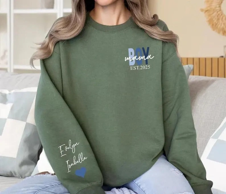 Personalised Boy Mama Sweater, Custom Mama Of Boys Sweatshirt With Kids Names on Sleeve, Mom Printed Jumper, New Mom Gifts, Mothers Day Gift