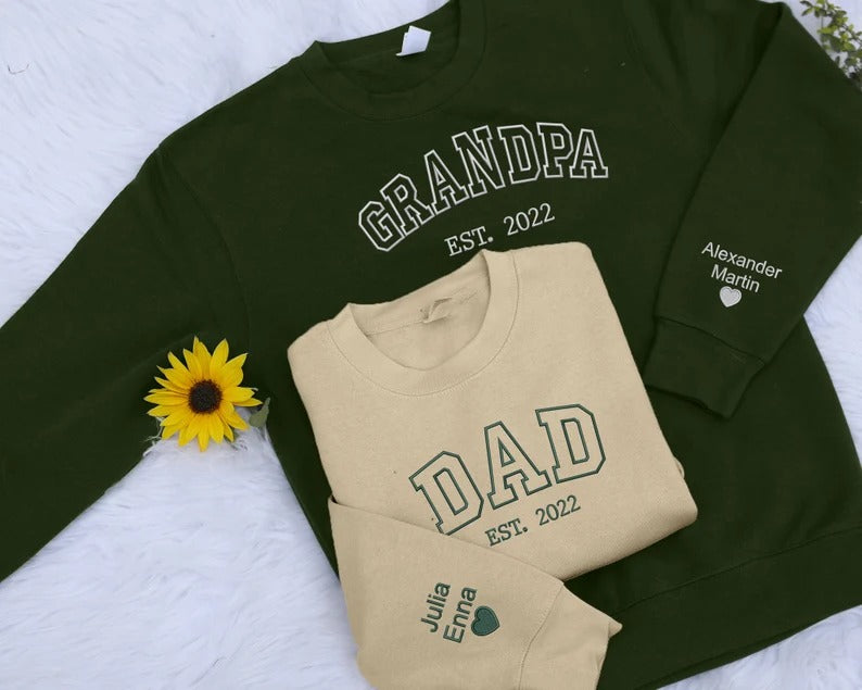 Embroidered Grandpa Sweatshirt, Personalized KIds Name on Sleeves Dad Sweater, Grandfather Birthday Long Distance Jumper, Father's Day Gifts