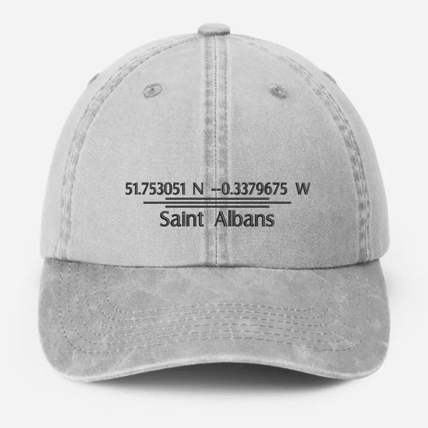 Personalised Embroidered Baseball Cap, Custom City Name With Location Coordinates Hat, Cotton Vintage Style Hats for Men, Fathers Day Gifts