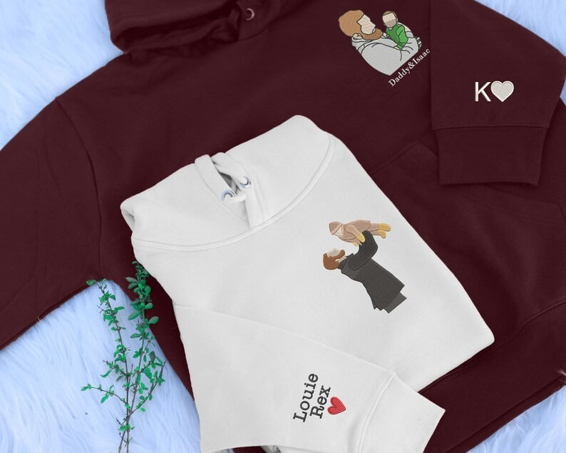 Embroidered Dad Portrait from Photo Hoodie, Personalized Sketch Hoodie with Name, Custom Fathers Day Jumper, Memorial Best Gift for Daddy