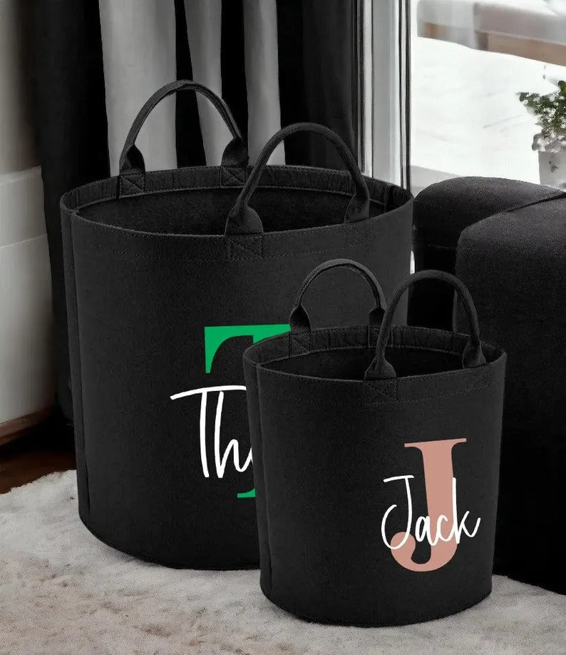 Personalised Felt Storage Basket with Initials, Custom Toy Organizer, Kids Room Printed Baskets, Baby Shower Gift, Pet Toy Bin, Gift for Her