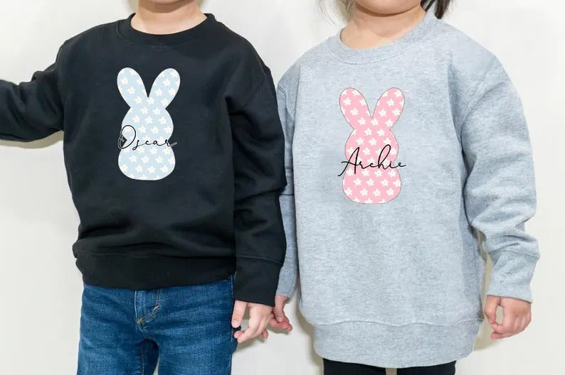 Personalized Easter Kids Sweatshirt, Custom Name Easter Bunny Printed Crewnecks, Kids Matching Outfits, Easter Gifts, Egg Hunt Tops for Kids