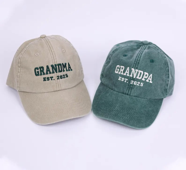 Embroidered Grandpa & Grandma Hats, Custom Est Date Baseball Hat, Vintage Cap for New Grandparents, Pregnancy Reveal Cap, Mother's Day Gifts