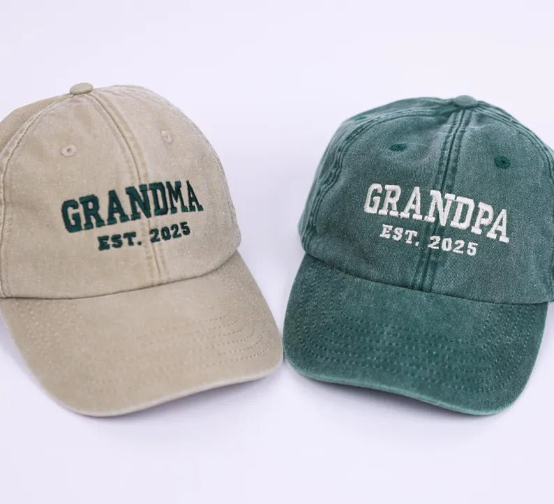Embroidered Grandpa & Grandma Hats, Custom Est Date Baseball Hat, Vintage Cap for New Grandparents, Pregnancy Reveal Cap, Mother's Day Gifts