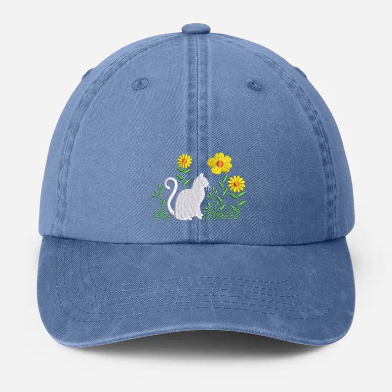 Cat & Flower Embroidered Hat, Floral Vintage Hat, Kitten Baseball Cap, Black Cat Summer Hat, Womens Flower Hat, Cat Lover Gift, Gift for Her